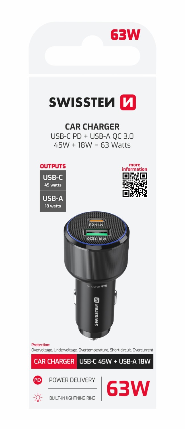 Swissten CL Adaptér USB-C PD + USB-A, 63W černá