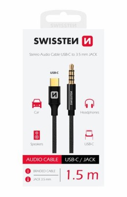 Audio Adaptér Swissten Textile USB-C (samec)/3,5 mm jack (samec) 1,5 M čierna