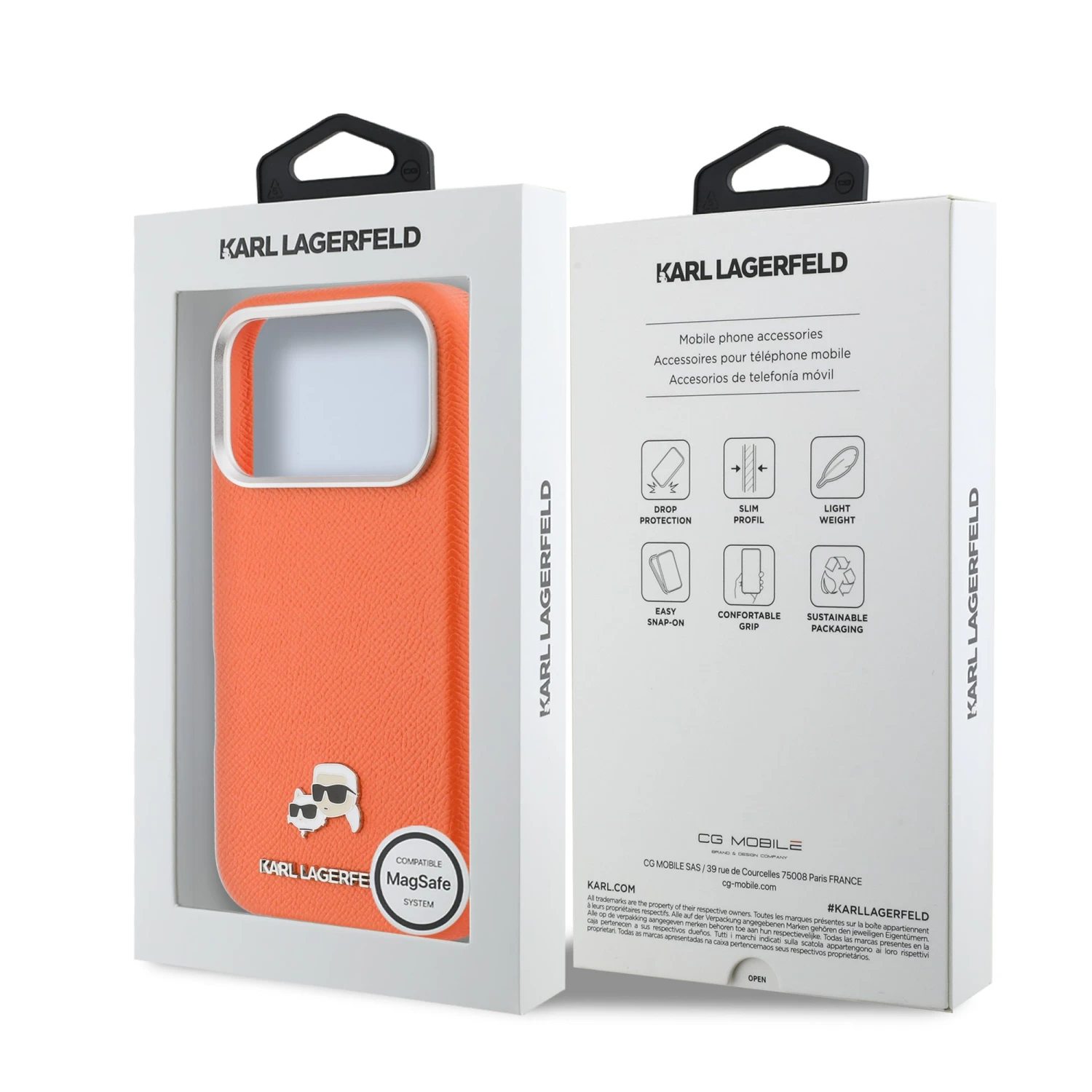 Karl Lagerfeld PU Karl and Choupette Heads Pins MagSafe Zadní Kryt pro iPhone 17 Pro Orange