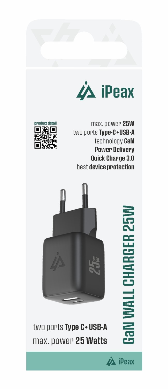 iPeax GaN Síťová Nabíječka 25W (USB-C + USB-A) černá