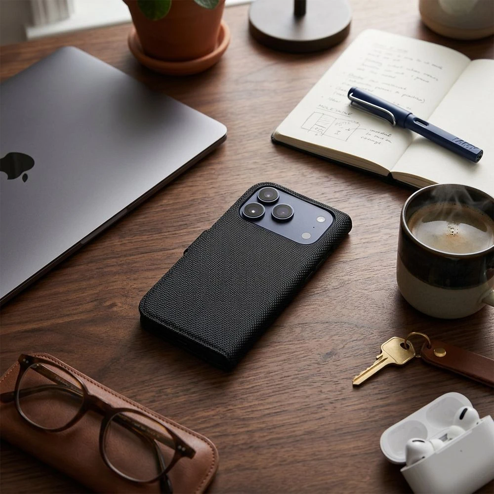 Anti-Theft 4Card RFID Book Case for IPHONE 17 PRO black tech fabric