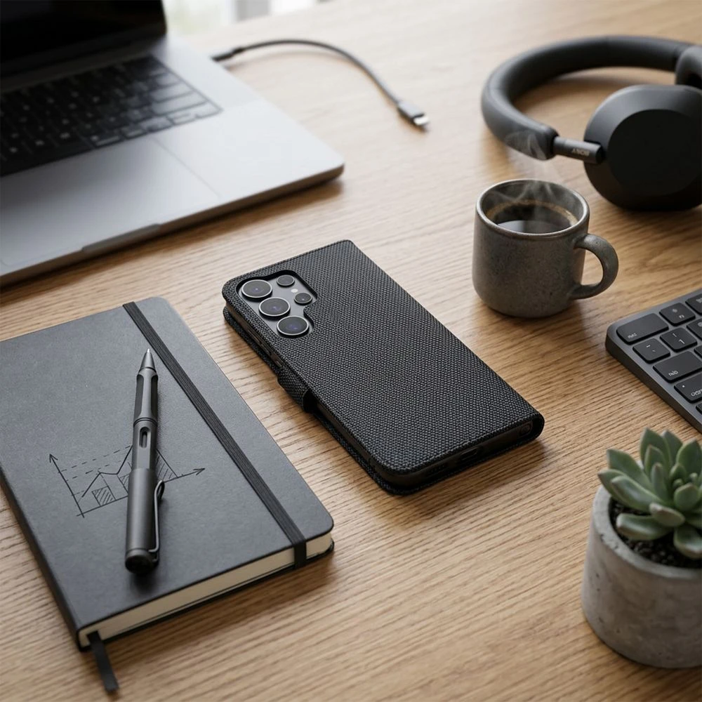 Anti-Theft 4Card RFID Book Case for Samsung A56 black eco leather