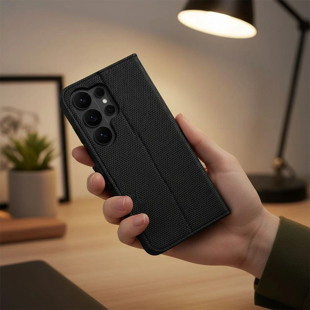 Anti-Theft 4Card RFID Book Case for Samsung A57 black tech fabric