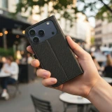 Anti-Theft 4Card RFID Book Case for IPHONE 17 black tech fabric