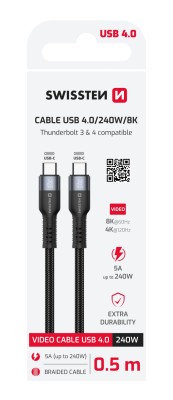 Swissten datový video kabel USB 4.0, USB-C, 240W, 8K@60Hz, 40 GB/s, 0,5m, černá