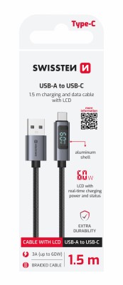 Swissten LCD kabel USB-A / USB-C 1,5m