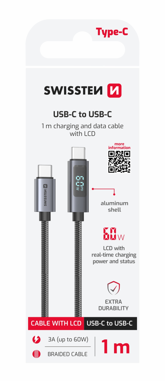 Swissten LCD kabel USB-C / USB-C 1m
