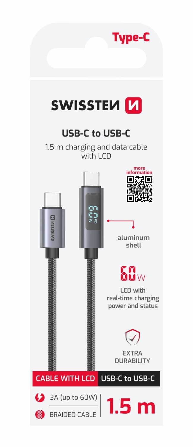 Swissten LCD kabel USB-C / USB-C 1,5m