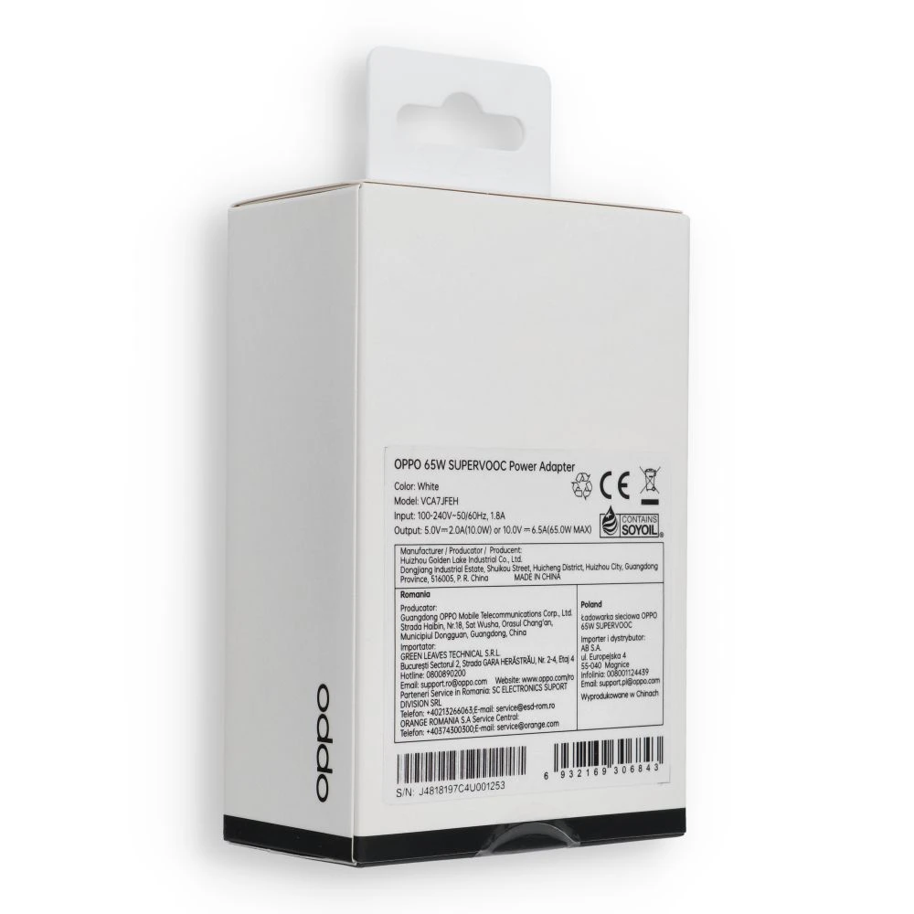 OPPO SuperVOOC original charger Type C VCA7JFEH 65W white blister
