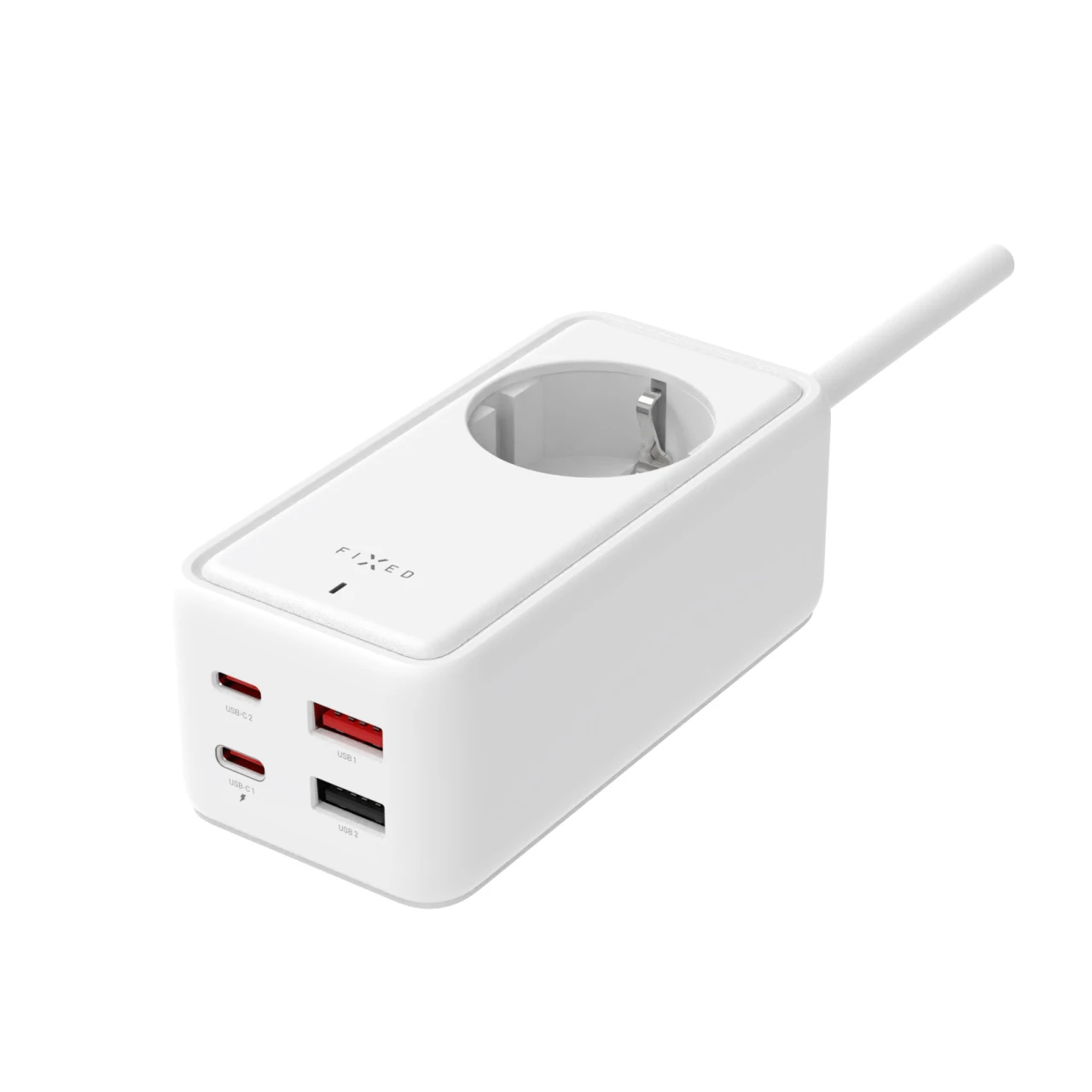 Síťový prodlužovací adaptér FIXED Charging Strip s 2x USB-C a 2x USB, GaN III, 3m, PD 65W, bílá