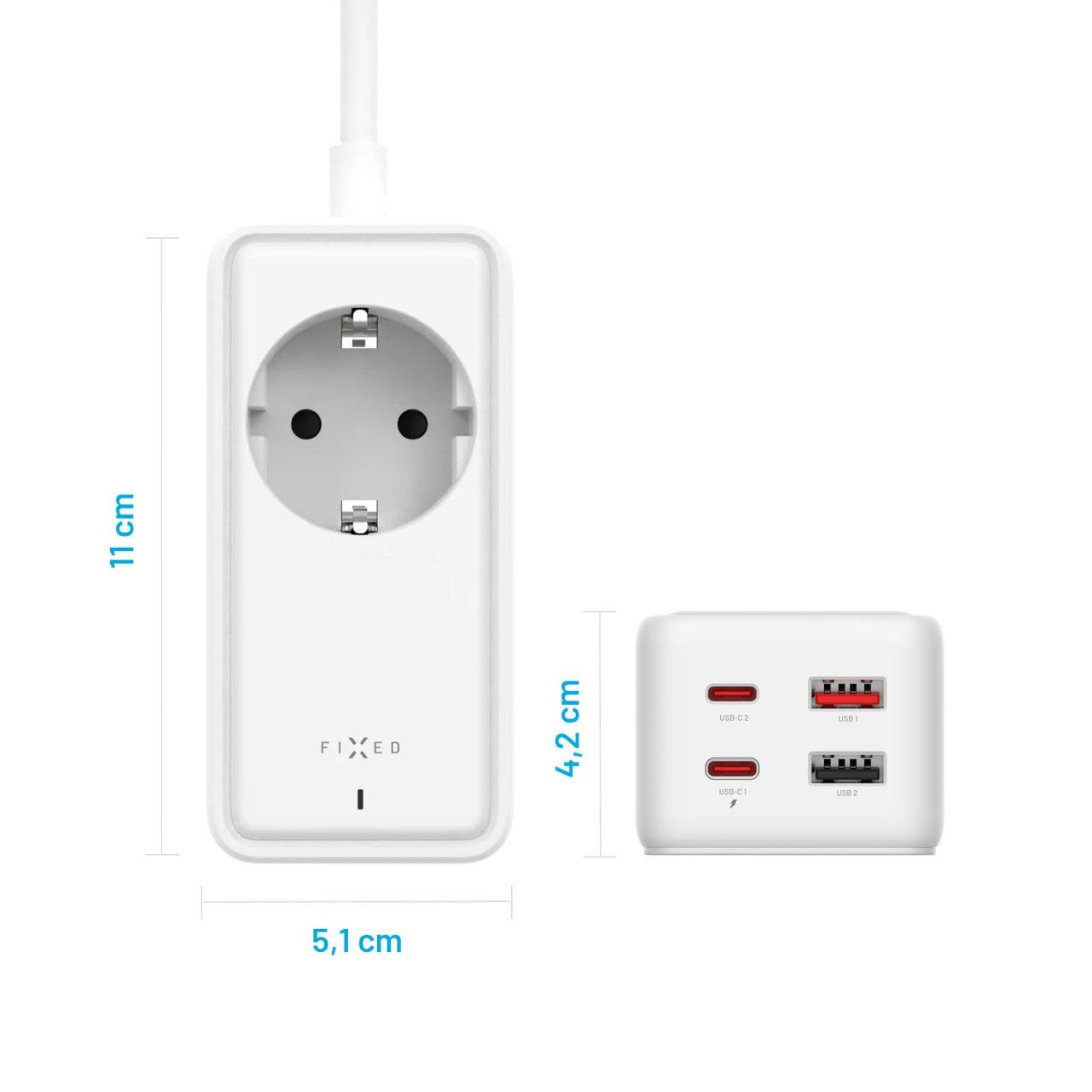Síťový prodlužovací adaptér FIXED Charging Strip s 2x USB-C a 2x USB, GaN III, 3m, PD 65W, bílá