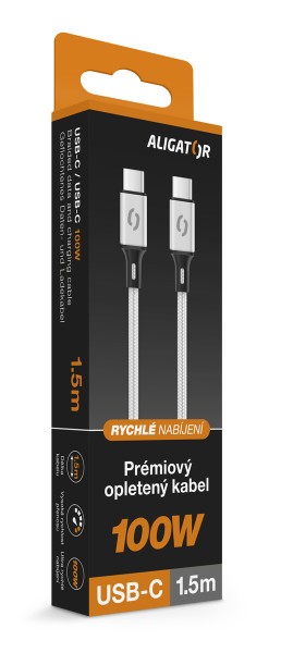 Datový kabel ALIGATOR PREMIUM 5A 100W, USB-C/USB-C, bílá