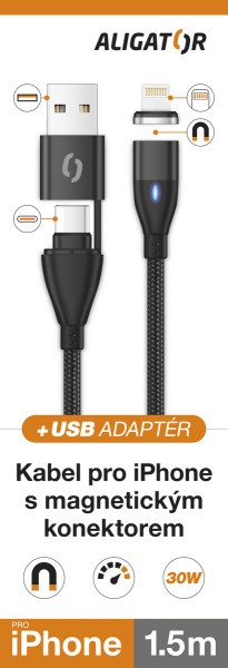 Datový kabel ALIGATOR MAGNETIC 3A 30W, USB-C+USB/Lightning 1,5m
