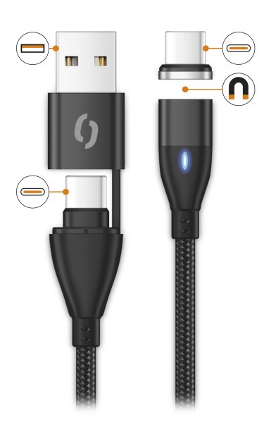 Datový kabel ALIGATOR MAGNETIC 3A 65W, USB-C+USB/USB-C 1,5m