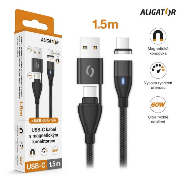 Datový kabel ALIGATOR MAGNETIC 3A 65W, USB-C+USB/USB-C 1,5m