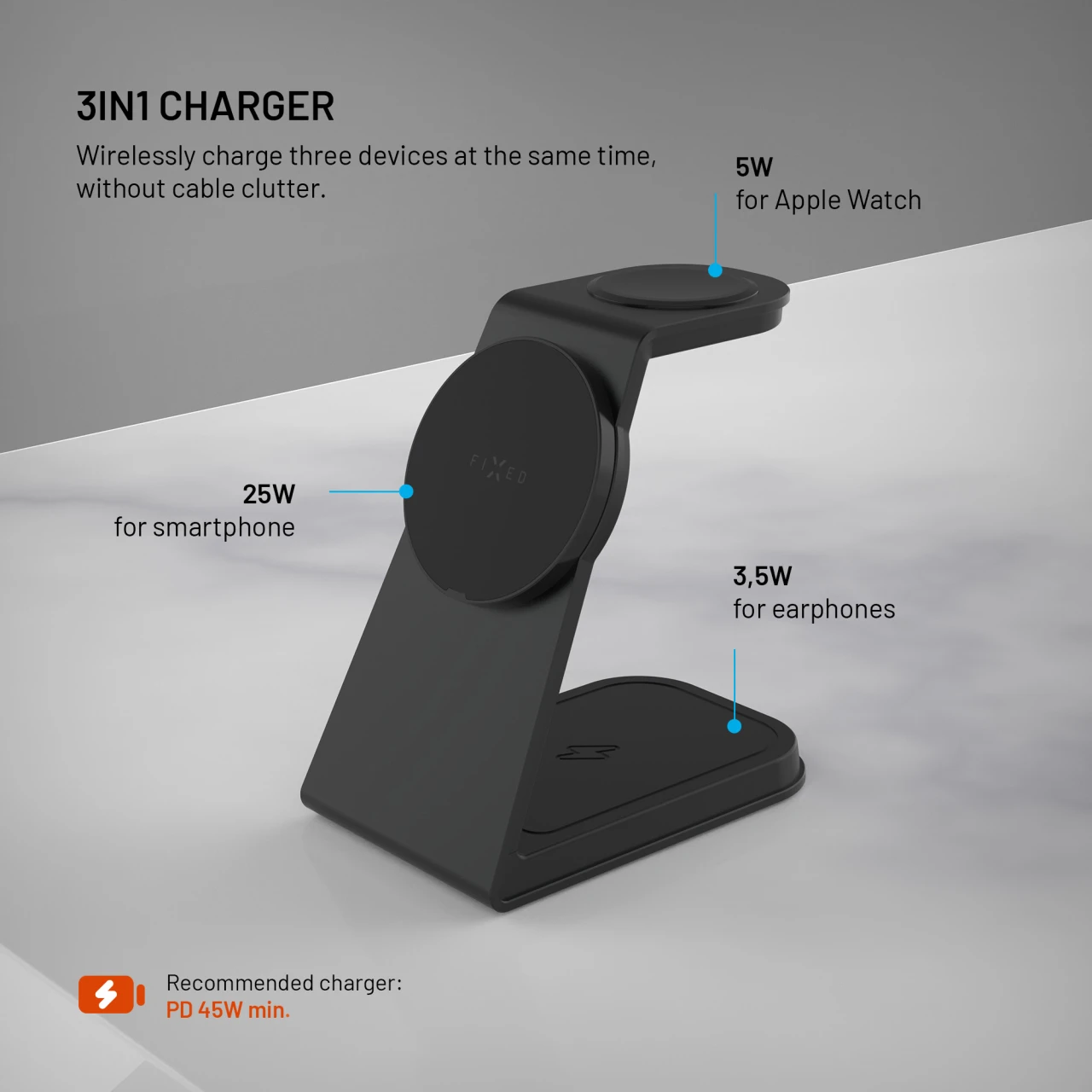 Stojánek s bezdrátovým nabíjením 3v1 FIXED MagPowerstation Alu 3 s podporou MagSafe, 25W+5W+3.5W, Qi2.2, černá