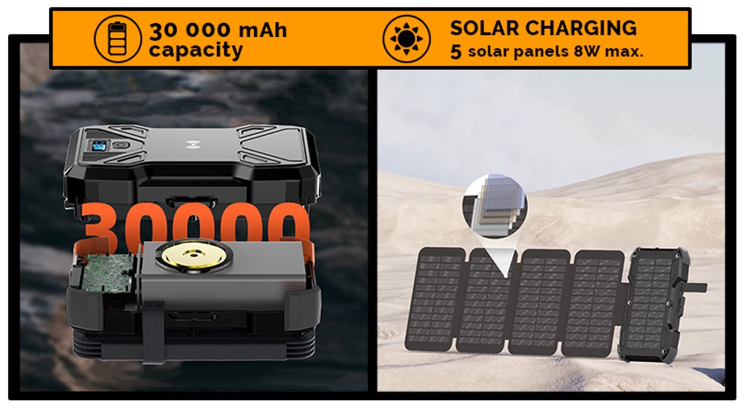 Solární powerbanka VIKING TYR III/Output:1xUSB-C,2xUSB-A/Wireless charge 15W max/30000mAh/LED světlo