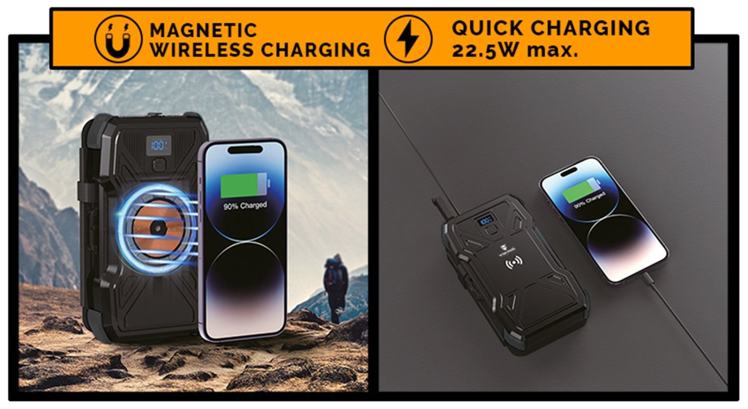 Solární powerbanka VIKING TYR II/Output:1xUSB-C,2xUSB-A/Wireless charge 15W max/20000mAh/LED světlo
