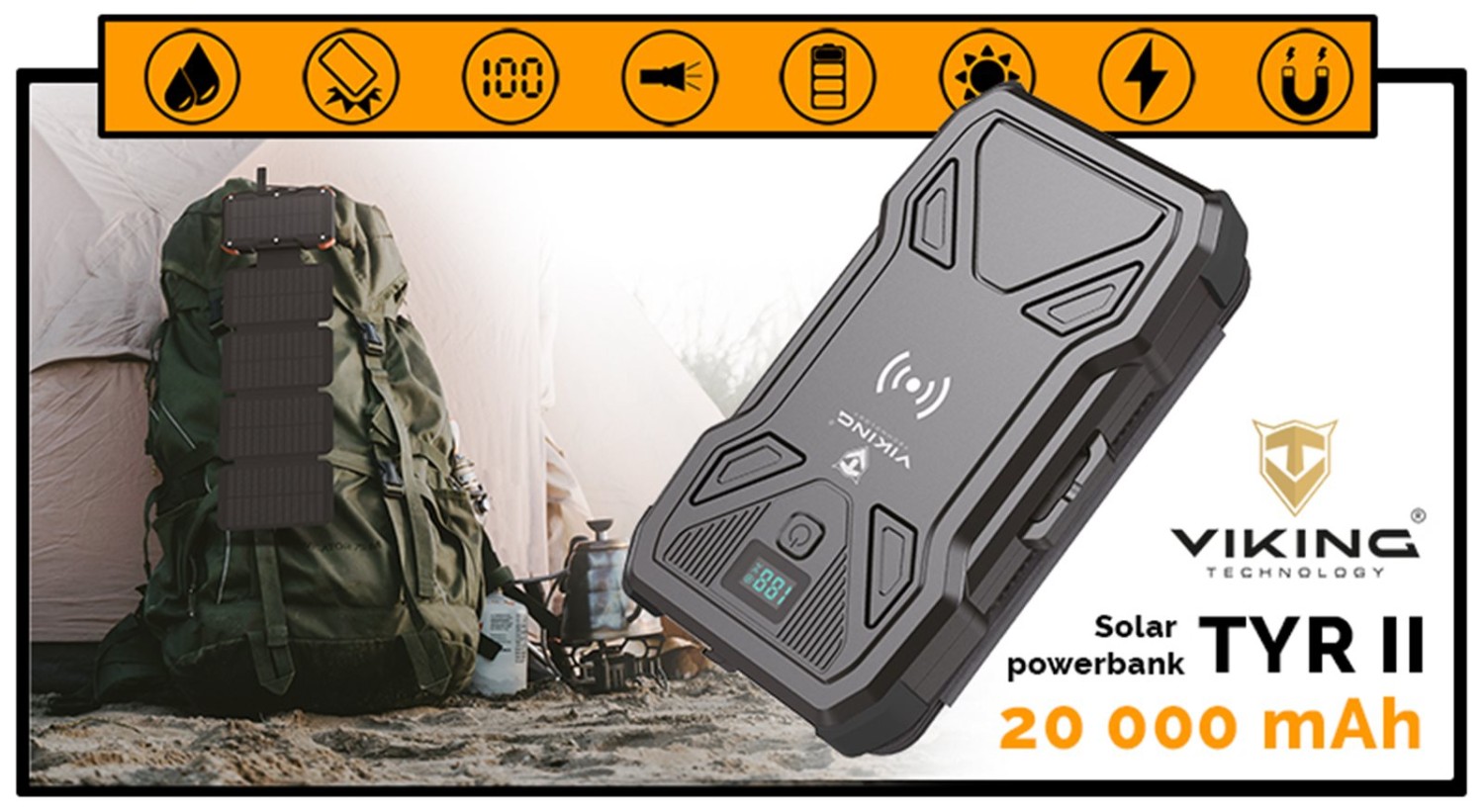 Solární powerbanka VIKING TYR II/Output:1xUSB-C,2xUSB-A/Wireless charge 15W max/20000mAh/LED světlo