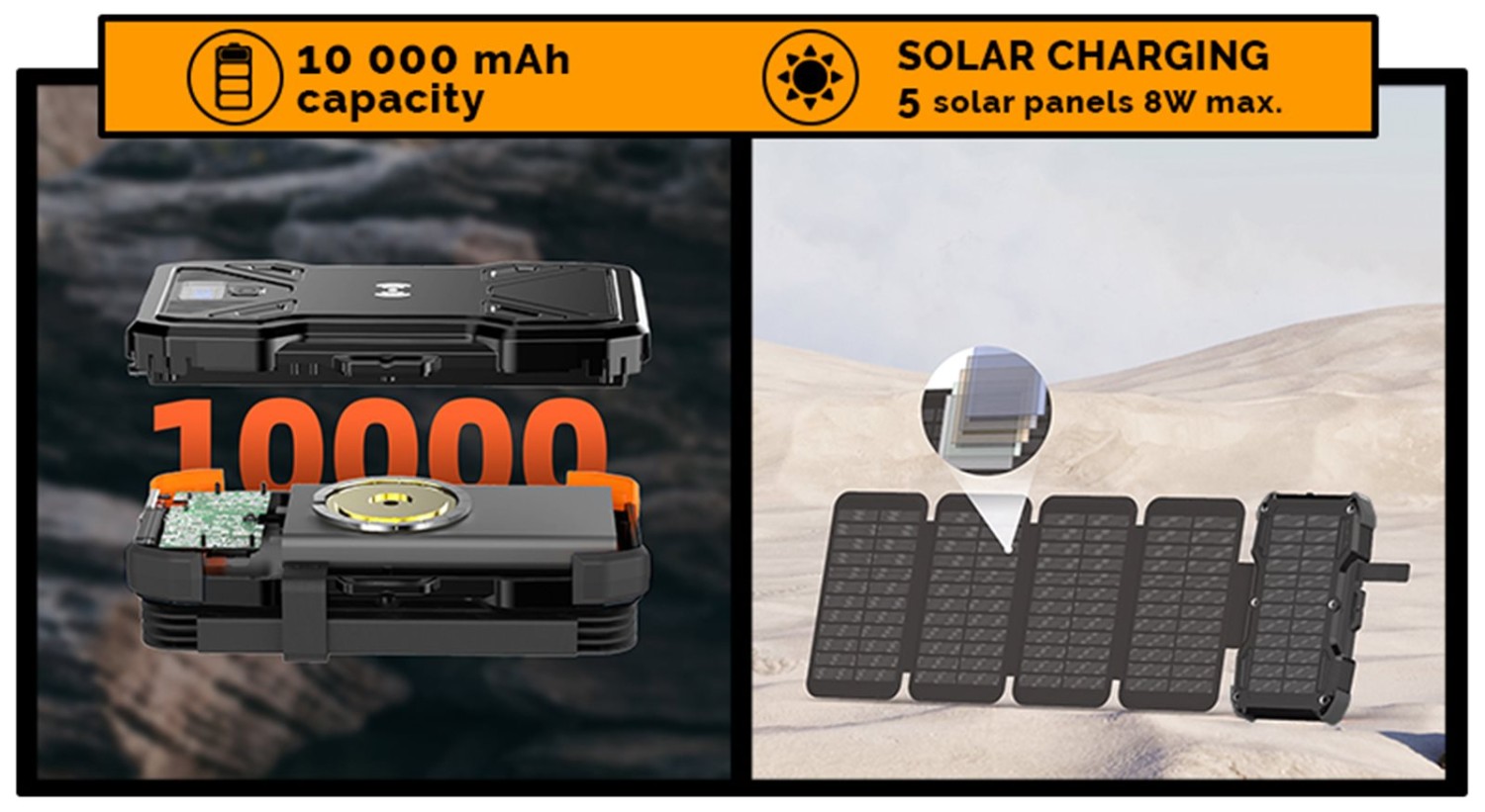 Solární powerbanka VIKING TYR I/Output:1xUSB-C,2xUSB-A/Wireless charge 15W max/10000mAh/LED světlo