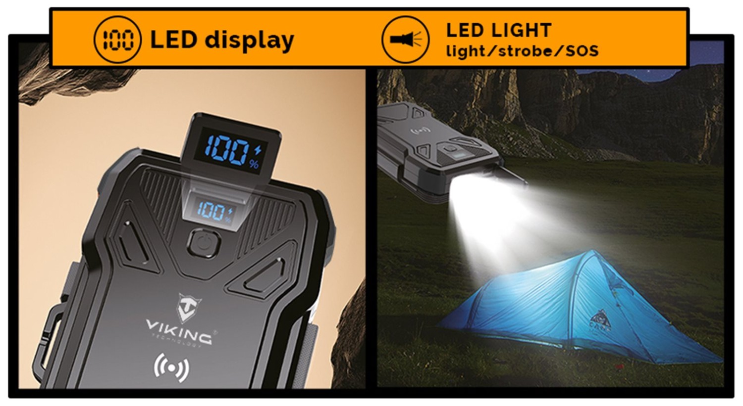 Solární powerbanka VIKING TYR I/Output:1xUSB-C,2xUSB-A/Wireless charge 15W max/10000mAh/LED světlo