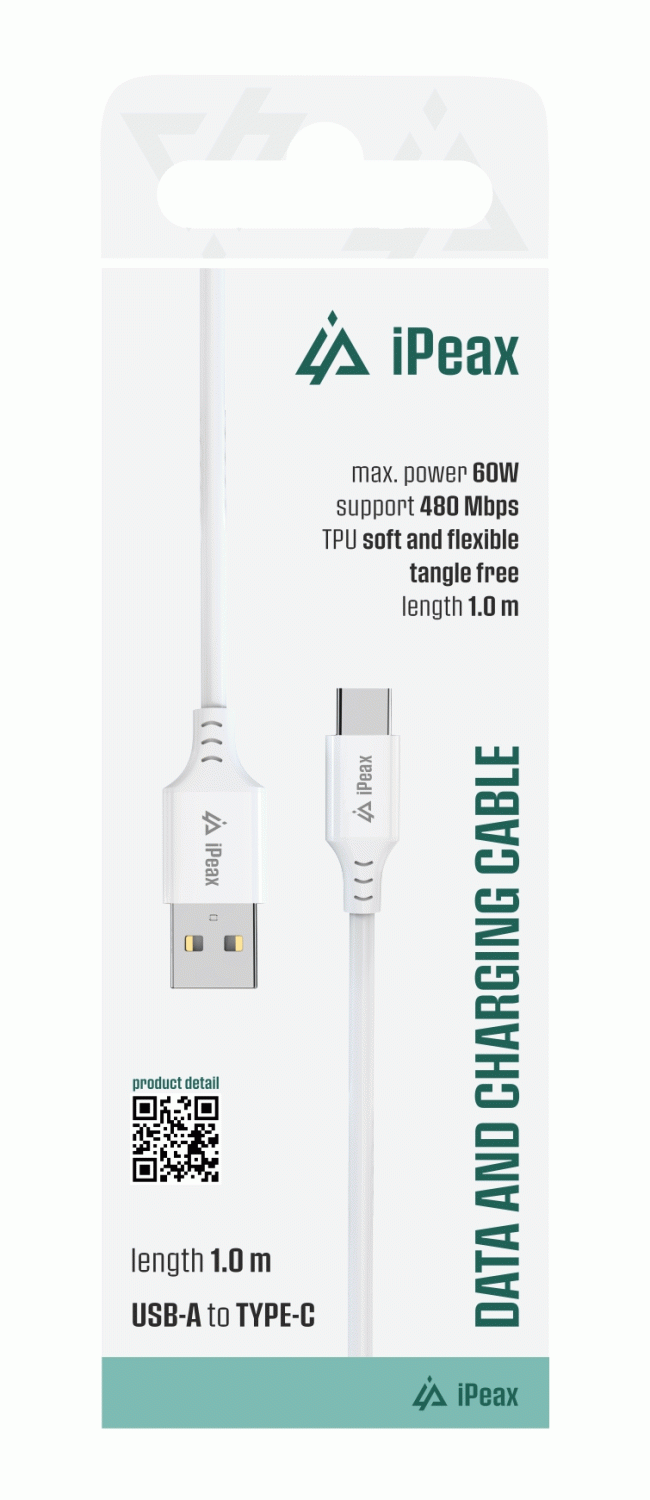 Kabel iPEAX TPU USB-A / USB-C 1M, USB 2.0, bílá