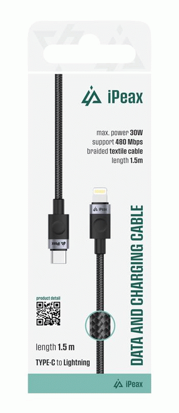 Textilní kabel iPEAX USB-C / LIGHTNING 1,5M, USB 2.0, černá
