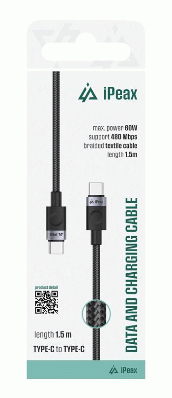 Textilní kabel iPEAX USB-C / USB-C 1,5M, USB 2.0, černá