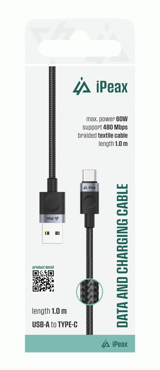 Textilní kabel iPEAX USB-A / USB-C 1M, USB 2.0, černá
