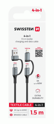 Textilní datový kabel Swissten 4in1, 3A 1,5 M, černá