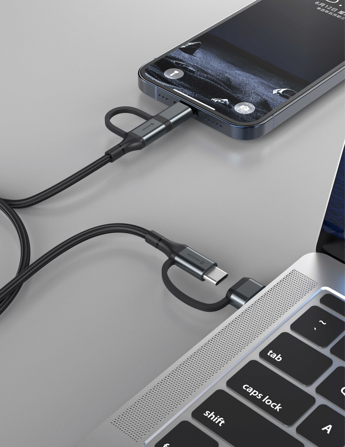 Textilní datový kabel Swissten 4in1, 3A 1,5 M, černá