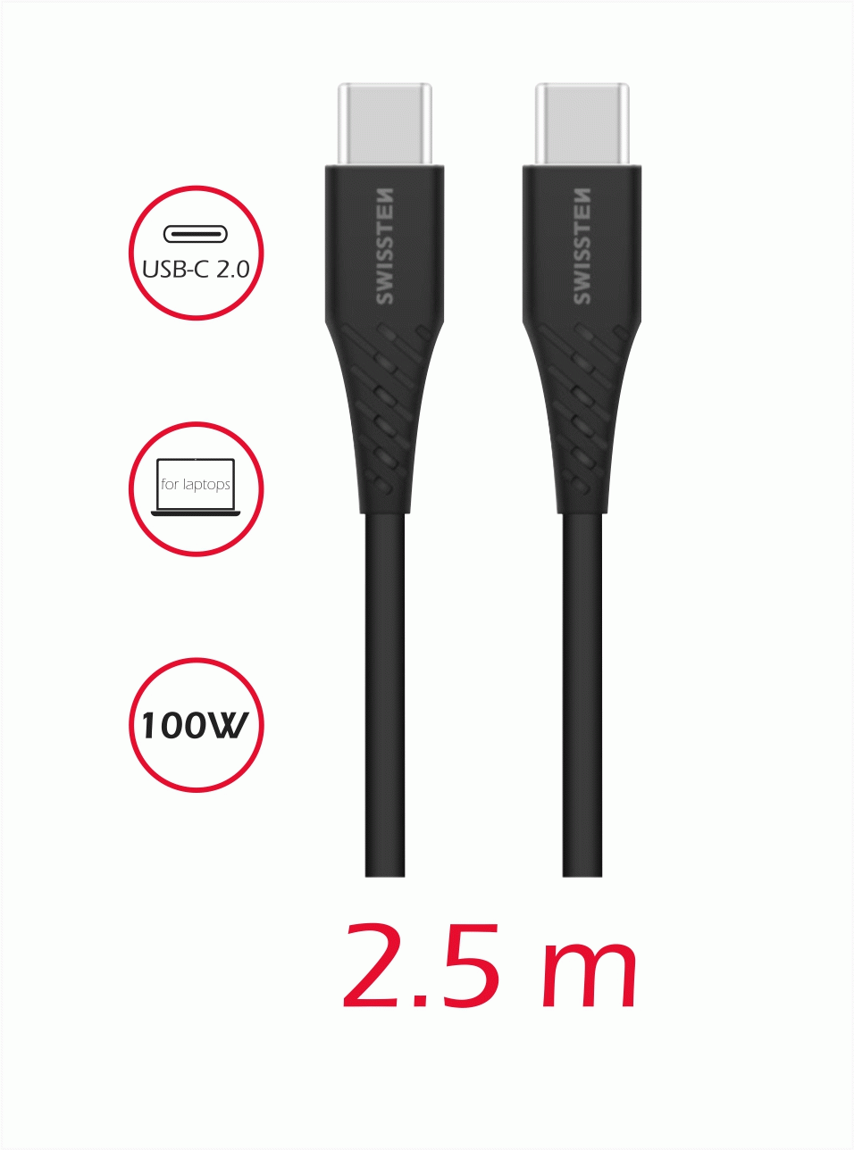 DATOVÝ KABEL SWISSTEN TPE USB-C/USB-C POWER DELIVERY 5A (100W) 2,5 M, černá