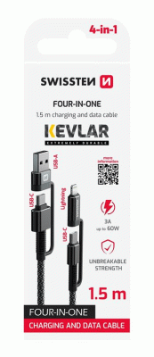 DATOVÝ KABEL SWISSTEN KEVLAR 4in1 3A 1,5 M, ANTRACIT