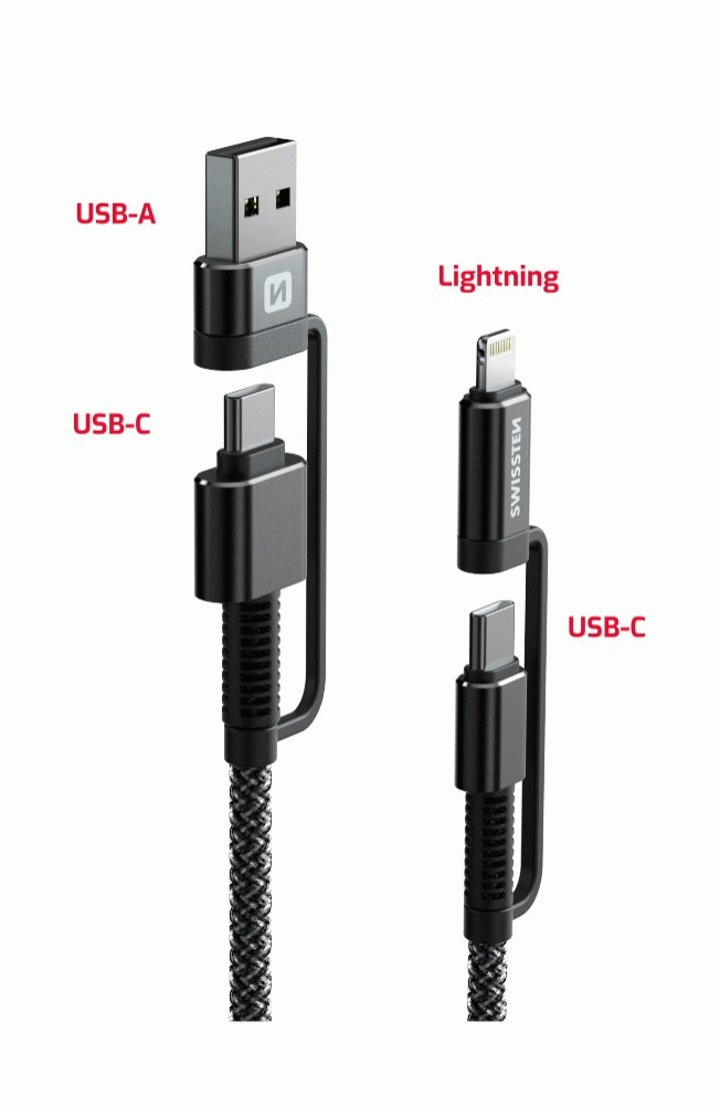 DATOVÝ KABEL SWISSTEN KEVLAR 4in1 3A 1,5 M, ANTRACIT