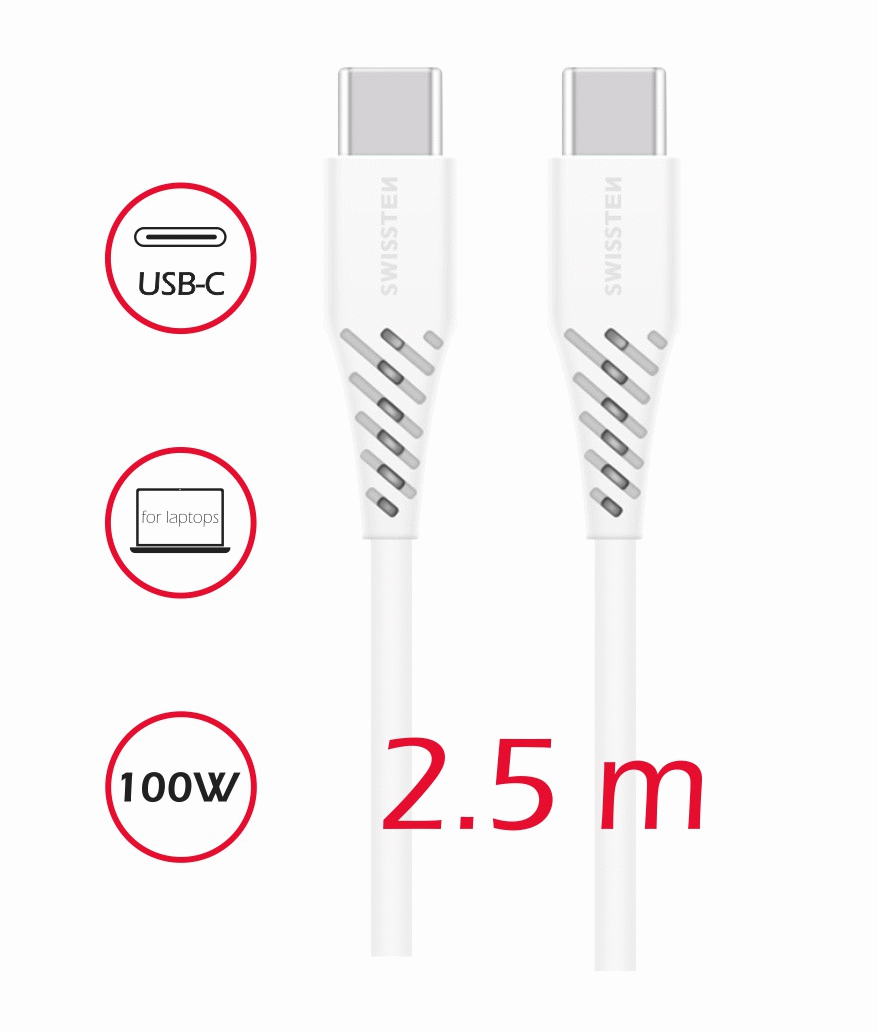 DATOVÝ KABEL SWISSTEN TPE USB-C/USB-C POWER DELIVERY 5A (100W) 2,5 M, BÍLÁ