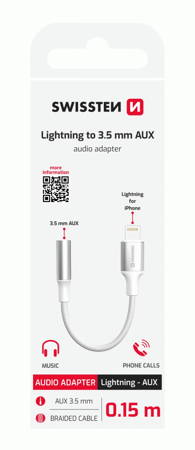 AUDIO ADAPTÉR SWISSTEN TEXTILE LIGHTNING / 3,5mm AUX 0,15 M, BÍLÁ
