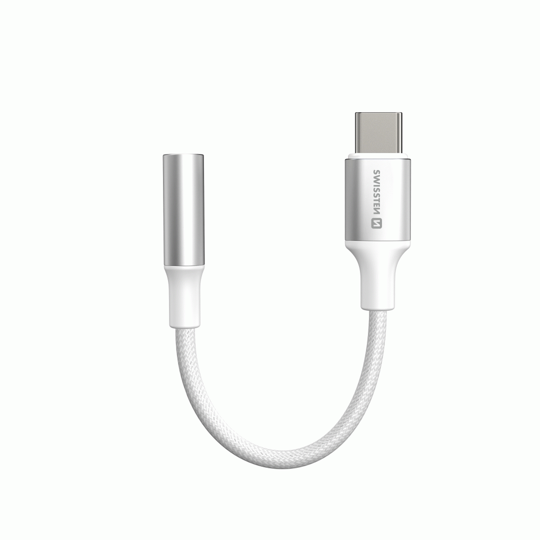 AUDIO ADAPTÉR SWISSTEN TEXTILE USB-C / 3,5mm AUX 0,15 M, BÍLÁ