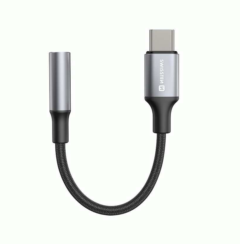 AUDIO ADAPTÉR SWISSTEN TEXTILE USB-C / 3,5mm AUX 0,15 M, ČERNÁ
