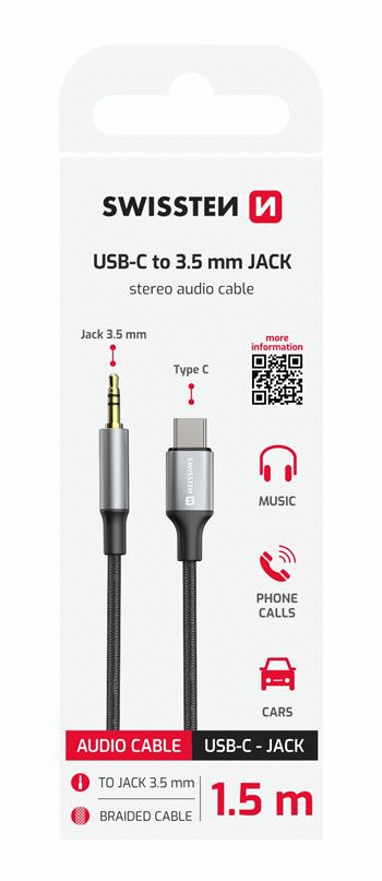 AUDIO ADAPTÉR SWISSTEN TEXTILE USB-C / 3,5 mm JACK, 1,5M, ČERNÁ