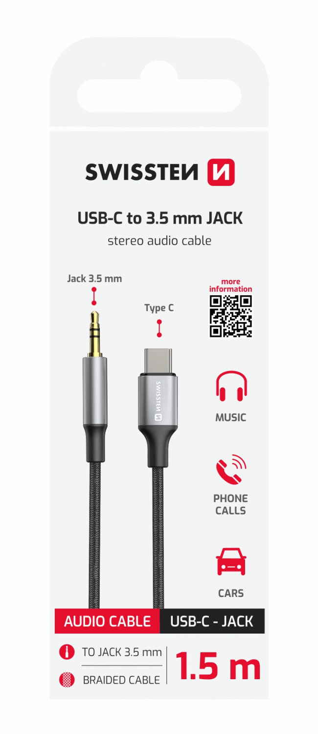 AUDIO ADAPTÉR SWISSTEN TEXTILE USB-C / 3,5 mm JACK, 1,5M, ČERNÁ
