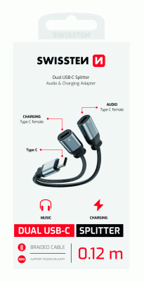 NABÍJECÍ AUDIO ADAPTÉR SWISSTEN TEXTILE USB-C / 2x USB-C, 0,12 M, ČERNÁ