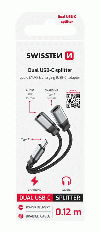 NABÍJECÍ AUDIO ADAPTÉR SWISSTEN TEXTILE USB-C / USB-C a 3,5mm AUX 0,12 M, ČERNÁ