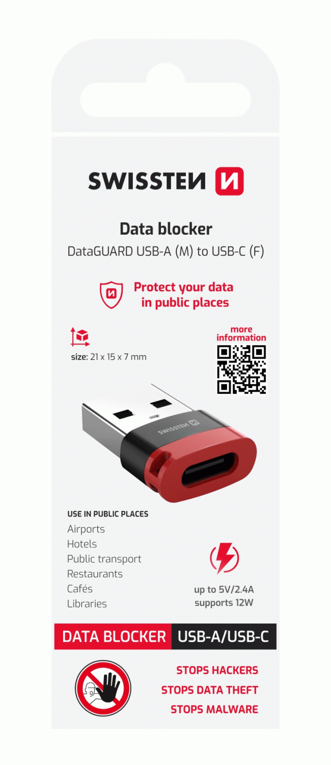 NABÍJECÍ ADAPTÉR S BLOKACÍ DAT SWISSTEN DataGUARD USB-A / USB-C, ČERNÁ