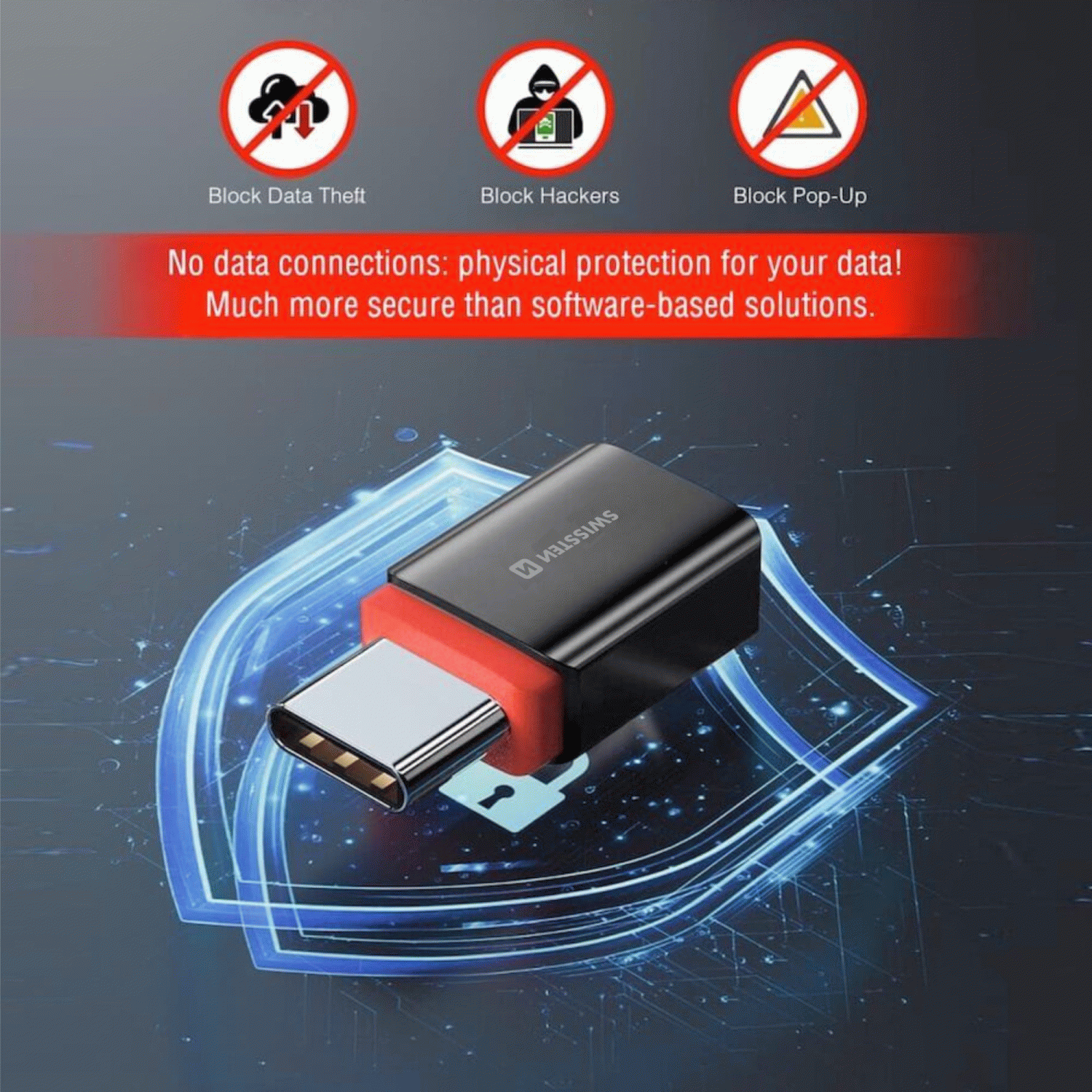NABÍJECÍ ADAPTÉR S BLOKACÍ DAT SWISSTEN DataGUARD USB-C / USB-C, ČERNÁ