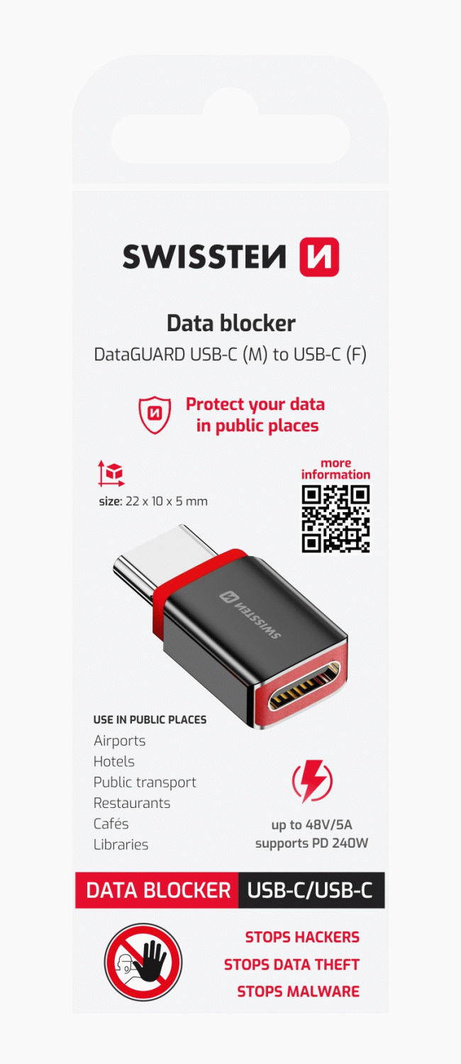 NABÍJECÍ ADAPTÉR S BLOKACÍ DAT SWISSTEN DataGUARD USB-C / USB-C, ČERNÁ