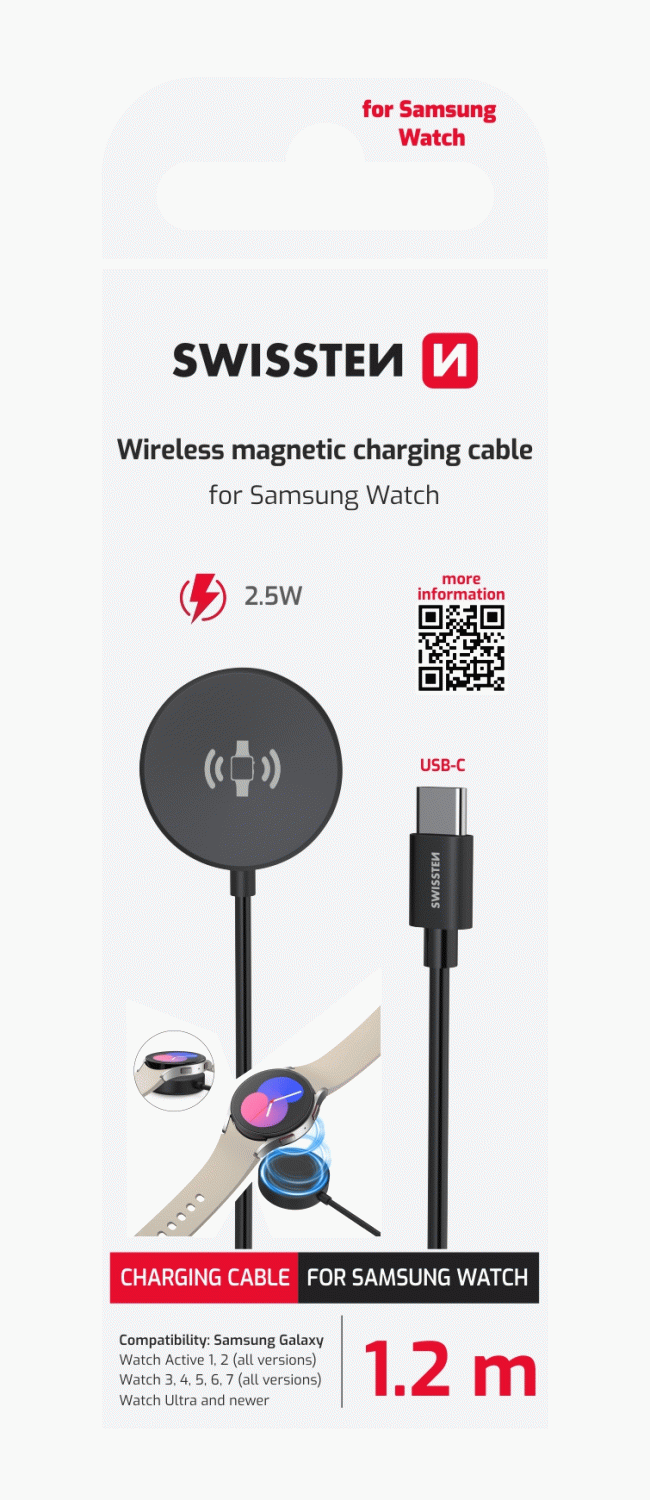 MAGNETICKÝ KABEL SWISSTEN PRO SAMSUNG GALAXY WATCH, USB-C 1.2 M, ČERNÁ