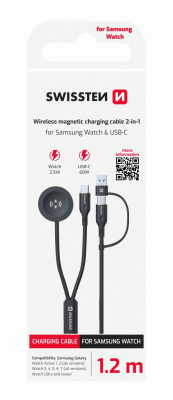 MAGNETICKÝ KABEL SWISSTEN 2v1 PRO SAMSUNG GALAXY WATCH A USB-C, USB-C (USB-A), 1.2 M, ČERNÁ
