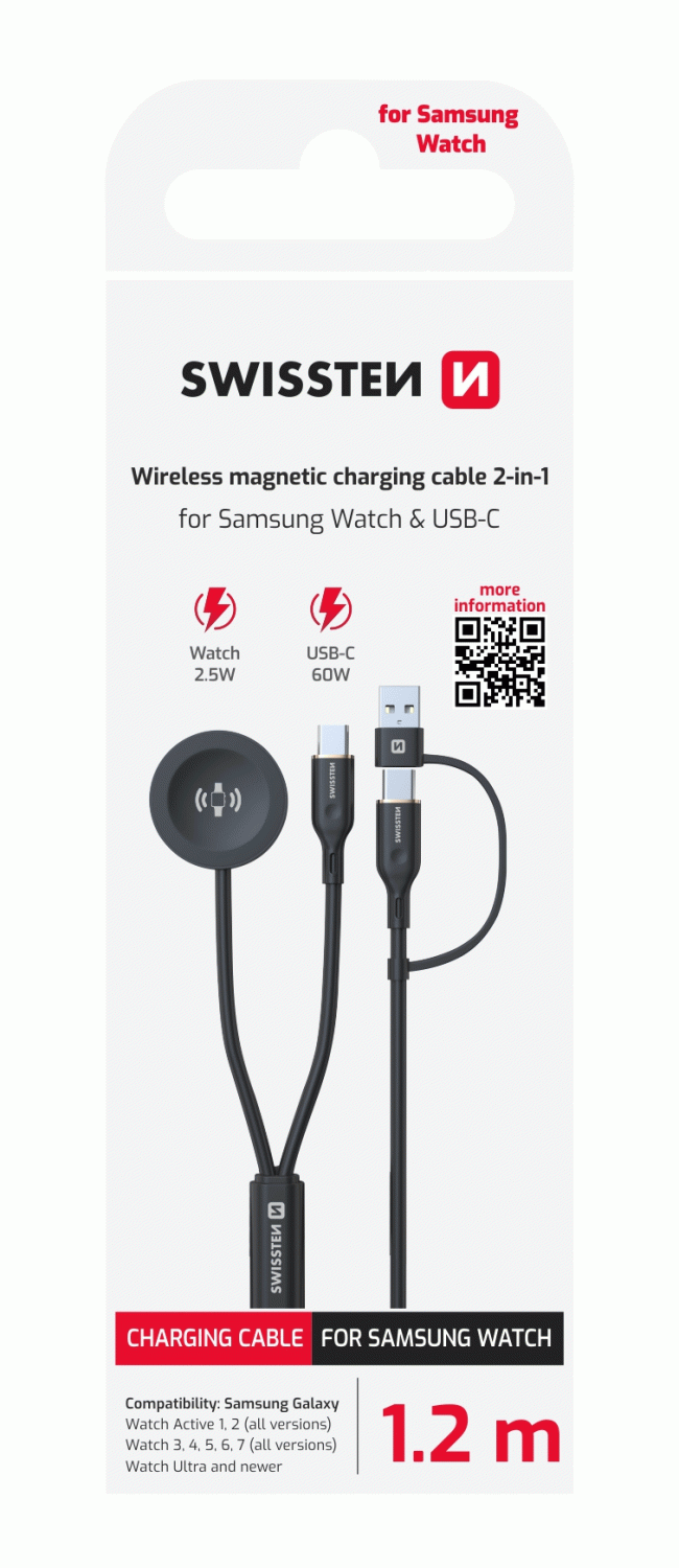 MAGNETICKÝ KABEL SWISSTEN 2v1 PRO SAMSUNG GALAXY WATCH A USB-C, USB-C (USB-A), 1.2 M, ČERNÁ