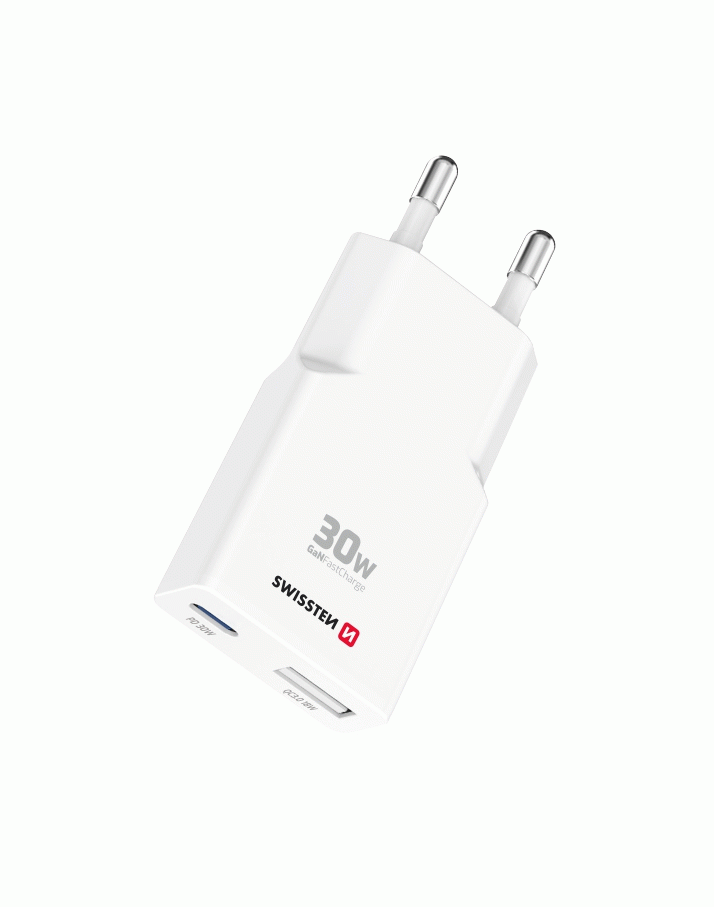 TENKÝ SÍŤOVÝ ADAPTÉR SWISSTEN GaN USB-C + USB-A 30W, BÍLÁ