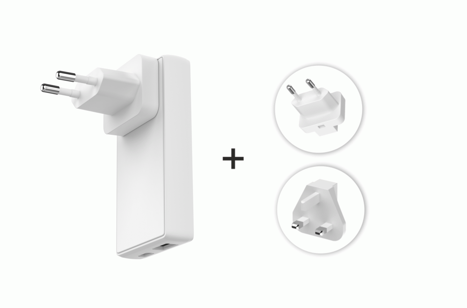 CESTOVNÍ ADAPTÉR SWISSTEN GaN USB-C + USB-A 45W VÝMĚNNÉ VIDLICE (US, EU, UK), BÍLÁ